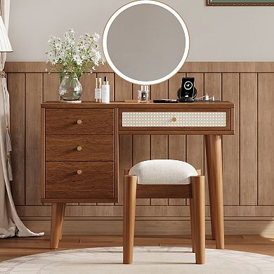 Trikiousd Boho Vanity Set with Stool, Charging Plug and USB Port, Mirror Not Included
