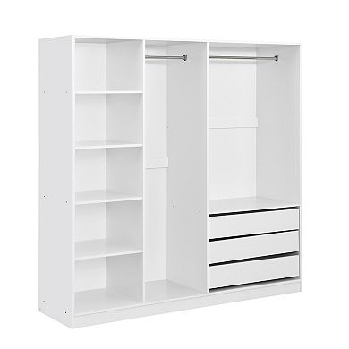 Trikiousd Doorless Wooden Wardrobe with Shelves Drawers and Hanging Rods