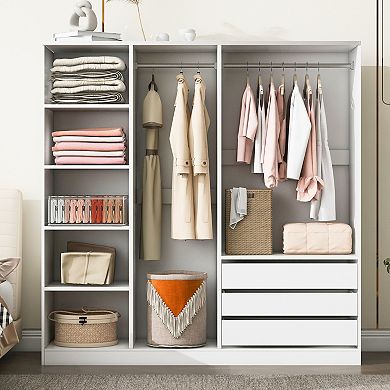 Trikiousd Doorless Wooden Wardrobe with Shelves Drawers and Hanging Rods