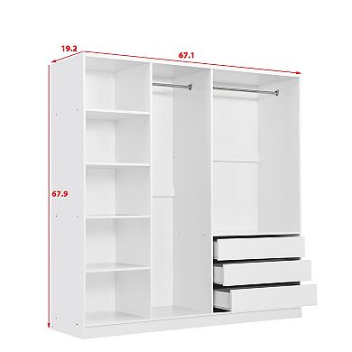 Trikiousd Doorless Wooden Wardrobe with Shelves Drawers and Hanging Rods
