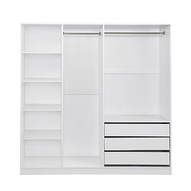 Trikiousd Doorless Wooden Wardrobe with Shelves Drawers and Hanging Rods