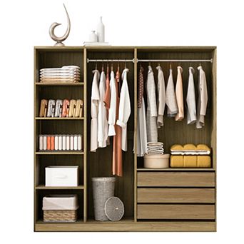 Trikiousd Doorless Wooden Wardrobe with Shelves Drawers and Hanging Rods