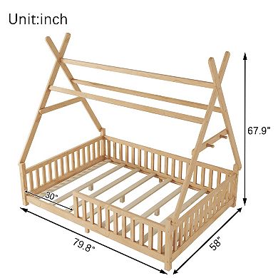 Trikiousd Full Size Wooden House Bed LED Montessori Floor Platform Bed Frame
