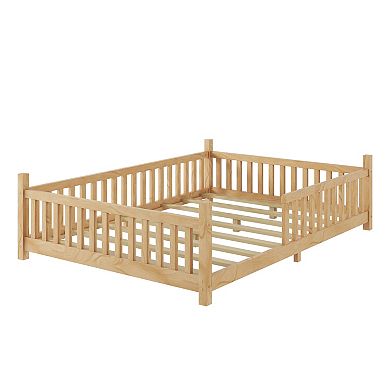 Trikiousd Full Size Wooden House Bed LED Montessori Floor Platform Bed Frame