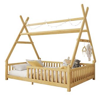 Trikiousd Full Size Wooden House Bed LED Montessori Floor Platform Bed Frame