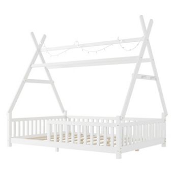 Trikiousd Full Size Wooden House Bed LED Montessori Floor Platform Bed Frame