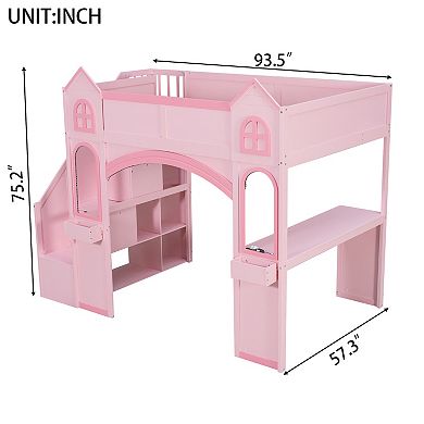 Trikiousd LED Full Size Princess Castle Loft Bed with Storage Staircase, Desk, Windows & Shelves