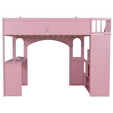 Trikiousd LED Full Size Princess Castle Loft Bed with Storage Staircase, Desk, Windows & Shelves