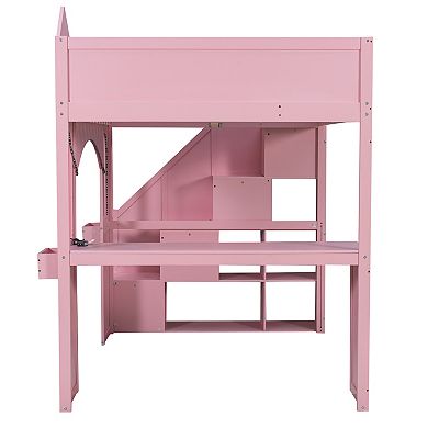 Trikiousd LED Full Size Princess Castle Loft Bed with Storage Staircase, Desk, Windows & Shelves
