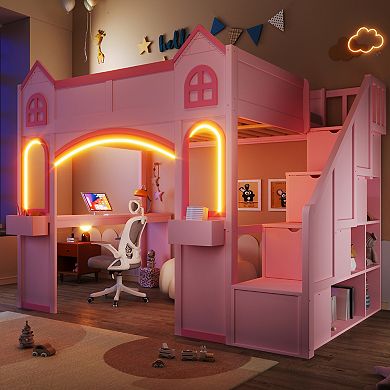 Trikiousd LED Full Size Princess Castle Loft Bed with Storage Staircase, Desk, Windows & Shelves