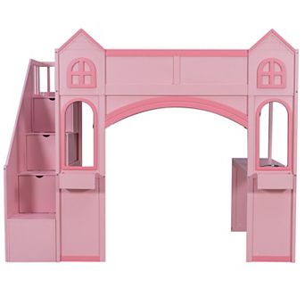 Trikiousd LED Full Size Princess Castle Loft Bed with Storage Staircase, Desk, Windows & Shelves