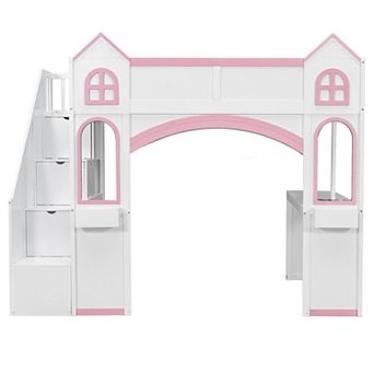 Trikiousd LED Full Size Princess Castle Loft Bed with Storage Staircase, Desk, Windows & Shelves