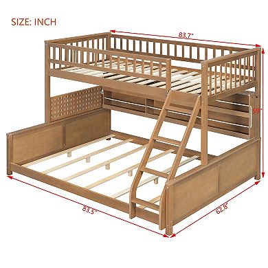 Trikiousd Twin XL Over Queen Wood Bunk Bed w/Side Storage Shelves, Color-Changing Lights & Pegboard