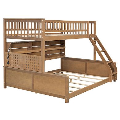 Trikiousd Twin XL Over Queen Wood Bunk Bed w/Side Storage Shelves, Color-Changing Lights & Pegboard