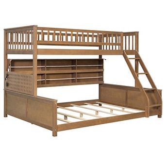 Trikiousd Twin XL Over Queen Wood Bunk Bed w/Side Storage Shelves, Color-Changing Lights & Pegboard