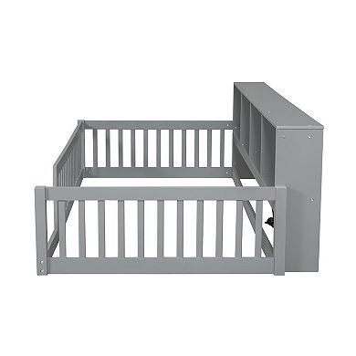 Trikiousd Twin XL Size Daybed Solid Wood Floor Bed with Storage Cabinets, USB Ports & Safety Fence
