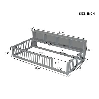 Trikiousd Twin XL Size Daybed Solid Wood Floor Bed with Storage Cabinets, USB Ports & Safety Fence