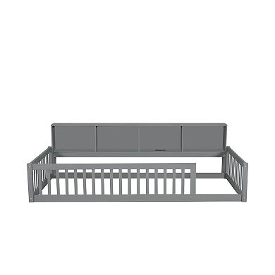Trikiousd Twin XL Size Daybed Solid Wood Floor Bed with Storage Cabinets, USB Ports & Safety Fence