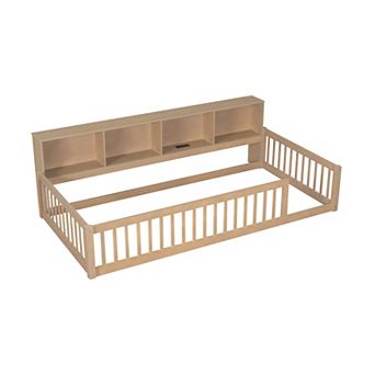 Trikiousd Twin XL Size Daybed Solid Wood Floor Bed with Storage Cabinets, USB Ports & Safety Fence