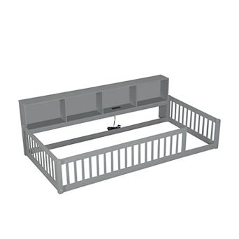 Trikiousd Twin XL Size Daybed Solid Wood Floor Bed with Storage Cabinets, USB Ports & Safety Fence