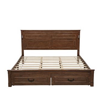 Trikiousd LED Platform Bed Pinewood Panel Bed w/ 2 Storage Drawers & USB Charging Station