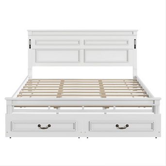 Trikiousd LED Platform Bed Pinewood Panel Bed w/ 2 Storage Drawers & USB Charging Station