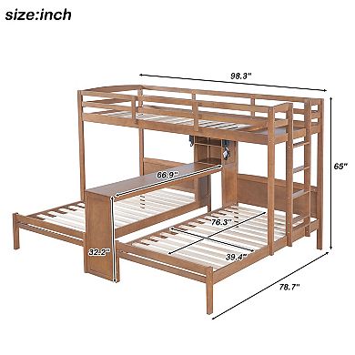 Trikiousd Twin/Twin/Twin Triple Bunk Bed w/ Desk, Storage Shelves & Reading Lamp for 3 Kids, Teens