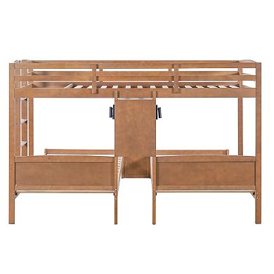 Trikiousd Twin/Twin/Twin Triple Bunk Bed w/ Desk, Storage Shelves & Reading Lamp for 3 Kids, Teens