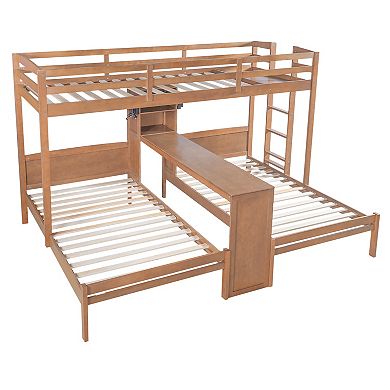 Trikiousd Twin/Twin/Twin Triple Bunk Bed w/ Desk, Storage Shelves & Reading Lamp for 3 Kids, Teens