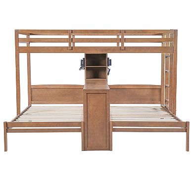 Trikiousd Twin/Twin/Twin Triple Bunk Bed w/ Desk, Storage Shelves & Reading Lamp for 3 Kids, Teens