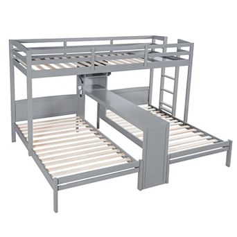 Trikiousd Twin/Twin/Twin Triple Bunk Bed w/ Desk, Storage Shelves & Reading Lamp for 3 Kids, Teens