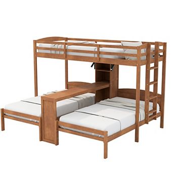 Trikiousd Twin/Twin/Twin Triple Bunk Bed w/ Desk, Storage Shelves & Reading Lamp for 3 Kids, Teens