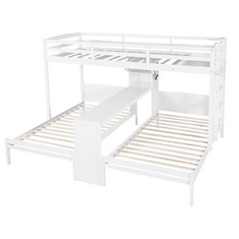 Trikiousd Twin/Twin/Twin Triple Bunk Bed w/ Desk, Storage Shelves & Reading Lamp for 3 Kids, Teens