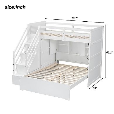 Trikiousd Twin over Full Bunk Bed Pull-out Lower Bed with Storage Stairs, Wardrobe & USB