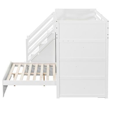 Trikiousd Twin over Full Bunk Bed Pull-out Lower Bed with Storage Stairs, Wardrobe & USB