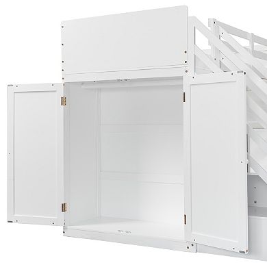 Trikiousd Twin over Full Bunk Bed Pull-out Lower Bed with Storage Stairs, Wardrobe & USB