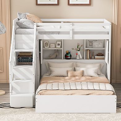 Trikiousd Twin over Full Bunk Bed Pull-out Lower Bed with Storage Stairs, Wardrobe & USB