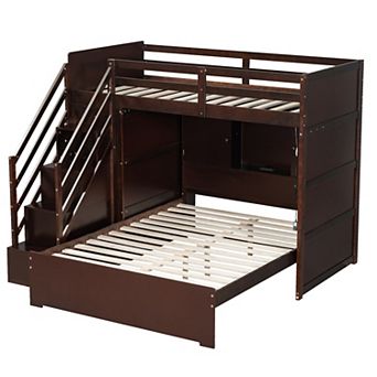 Trikiousd Twin over Full Bunk Bed Pull-out Lower Bed with Storage Stairs, Wardrobe & USB