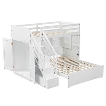 Trikiousd Twin over Full Bunk Bed Pull-out Lower Bed with Storage Stairs, Wardrobe & USB