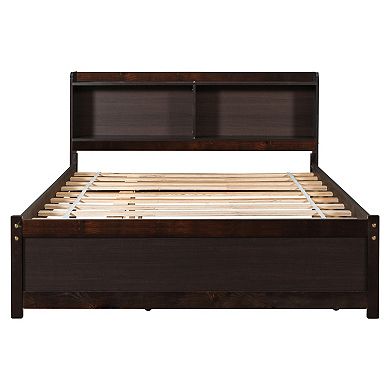 Trikiousd Pine Wood Full Size Platform Bed Trundle Bed with Storage Headboard for Bedroom