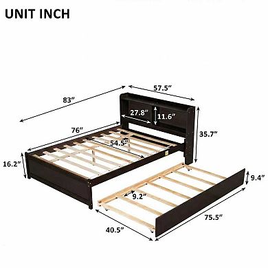 Trikiousd Pine Wood Full Size Platform Bed Trundle Bed with Storage Headboard for Bedroom