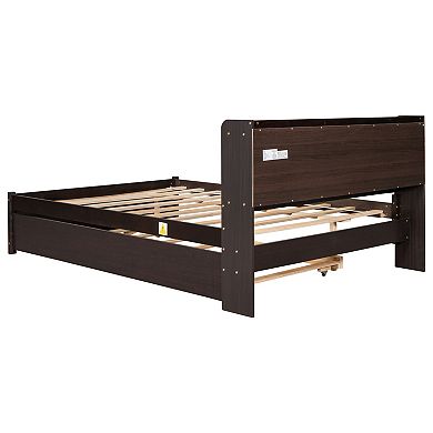 Trikiousd Pine Wood Full Size Platform Bed Trundle Bed with Storage Headboard for Bedroom