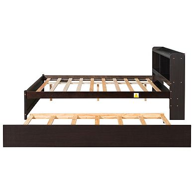 Trikiousd Pine Wood Full Size Platform Bed Trundle Bed with Storage Headboard for Bedroom
