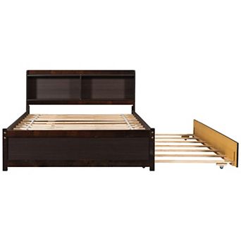 Trikiousd Pine Wood Full Size Platform Bed Trundle Bed with Storage Headboard for Bedroom