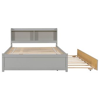 Trikiousd Pine Wood Full Size Platform Bed Trundle Bed with Storage Headboard for Bedroom