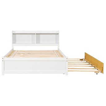 Trikiousd Pine Wood Full Size Platform Bed Trundle Bed with Storage Headboard for Bedroom