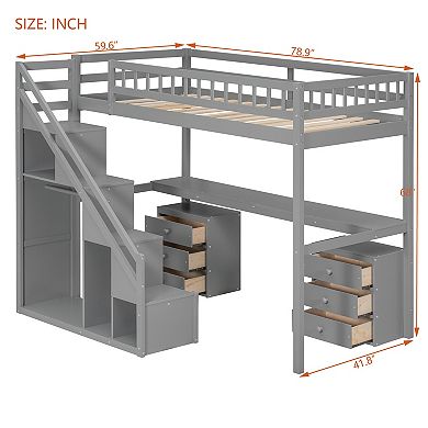 Trikiousd LED Twin Solid Wood Loft Bed Frame w/ Desk, 2 Chest of Drawers & Storage Staircase