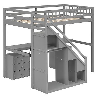 Trikiousd LED Twin Solid Wood Loft Bed Frame w/ Desk, 2 Chest of Drawers & Storage Staircase