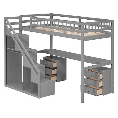 Trikiousd LED Twin Solid Wood Loft Bed Frame w/ Desk, 2 Chest of Drawers & Storage Staircase