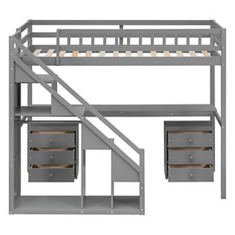 Trikiousd LED Twin Solid Wood Loft Bed Frame w/ Desk, 2 Chest of Drawers & Storage Staircase